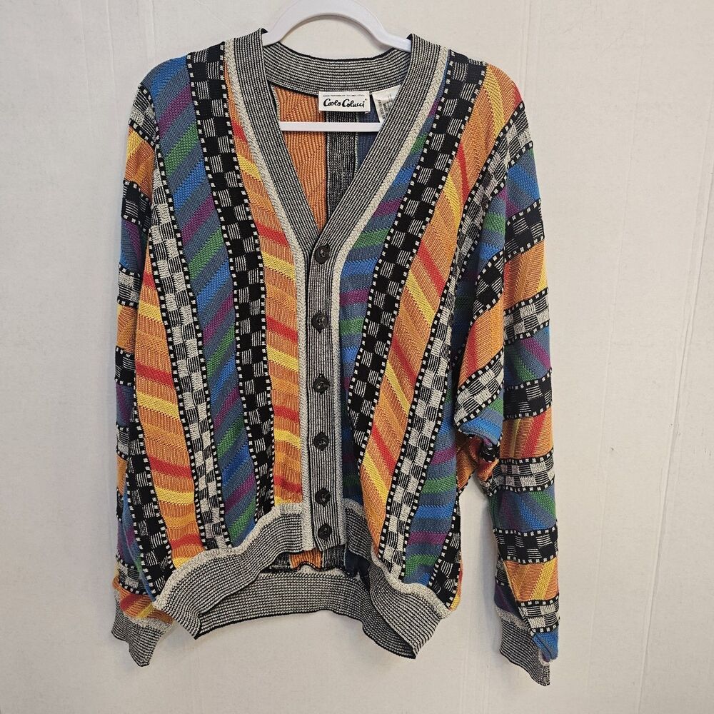 Vtg Carlo Colucci Men Coogi-style Cardigan L Retro Vibrant 90s Streetwear V539